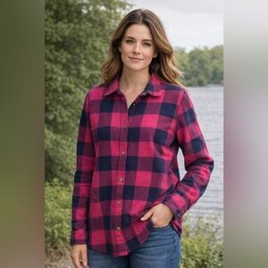 Orvis Vibrant‎ Pink and Navy Checkered Flannel Shacket Women’s Size XL
